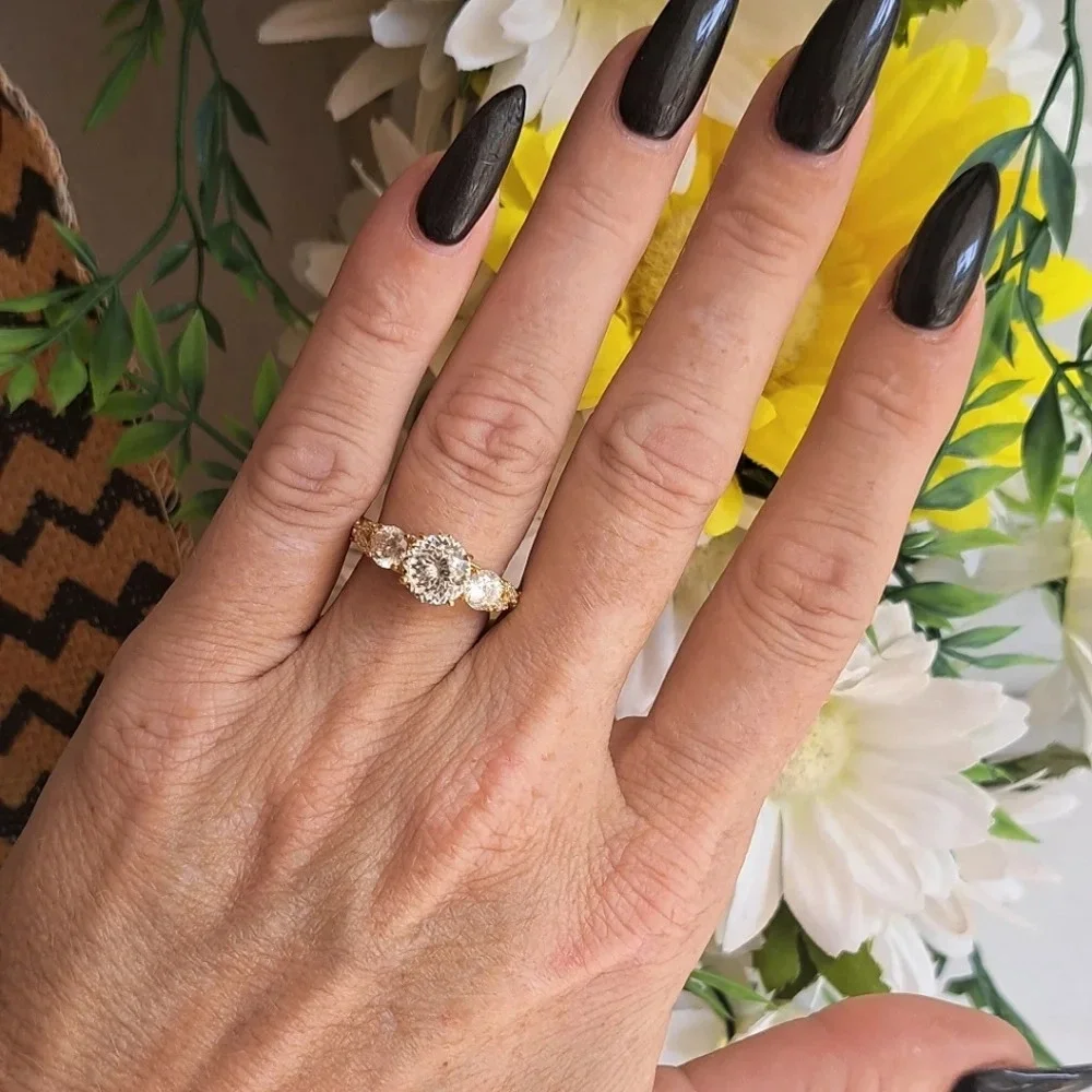 Genuine Moissanite Trilogy Ring In 14k YG Vermeil.